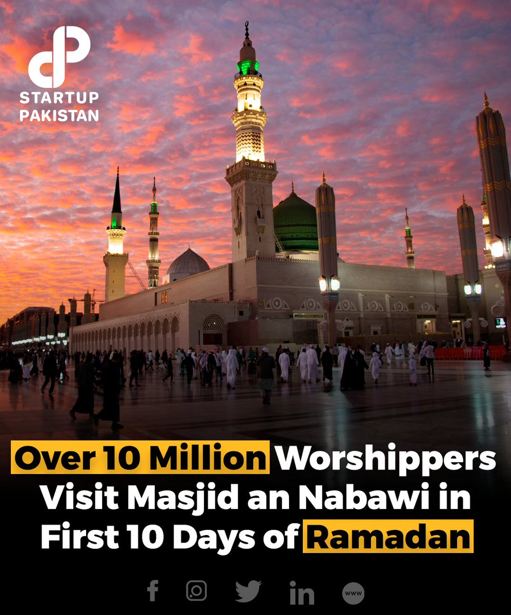 PakStartup's tweet photo. The General Authority for the Care of the Grand Mosque and the Prophet's Mosque announced that over 10 million visitors have visited the Prophet's Mosque during the first 10 days of Ramadan.

#Saudiarabia #Madina #Makkah #Ramadan #Worshippers #Pilgrims https://t.co/5lTOUsYYXY