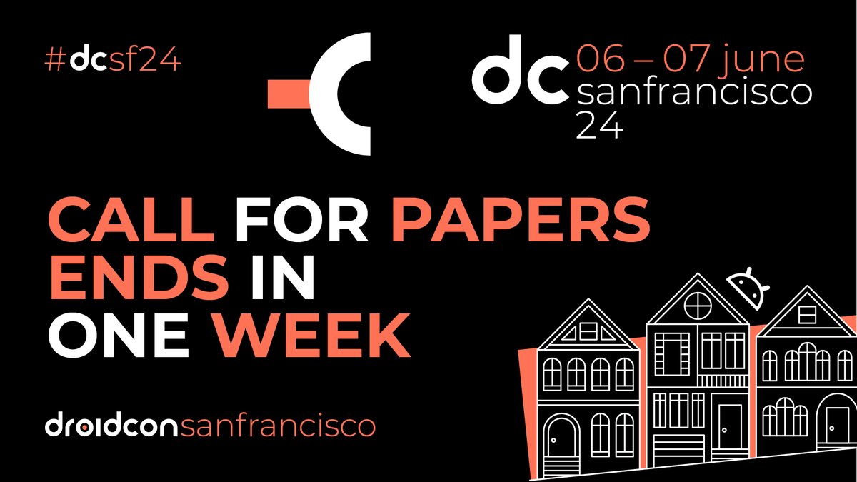 One week left to submit your talk for #dcsf4 🚨📣 Don't miss your chance to be part of 80+ #Android & #Flutter talks! Influence other #AndroidDevs & #FlutterDevs, discuss what excites you, learn from industry experts, & expand your professional network. sessionize.com/droidcon-san-f…