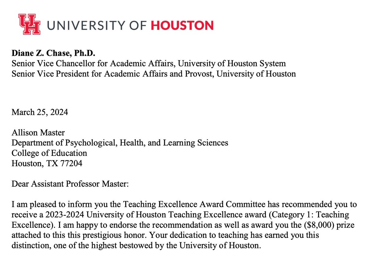 I'm very proud to share that I received a university teaching award from UH! This is a huge honor, and I'm so grateful for the support from my wonderful students and colleagues that helped make this happen. (This is even better than our basketball team being in the Sweet 16.) ❤️