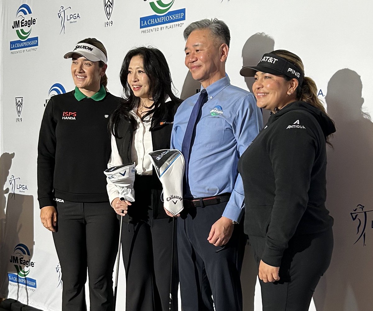 The @JMEagleLAChamp announces a purse increase to $3.75M becoming the highest purse outside of the majors and @CMEGroupLPGA. @JMEaglePipe boss Walter Wang made the announcement alongside his wife Shirley with @hannahgreengolf & @LizetteSalas5 at media event in LA today.