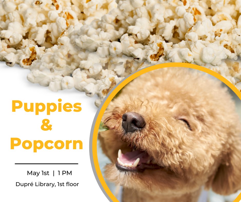 Join us for Puppies & Popcorn on May 1st at 1pm. Get some cuddles and snacks to help you unwind during finals. Therapy animals are provided by Pet Partners of Acadiana.
