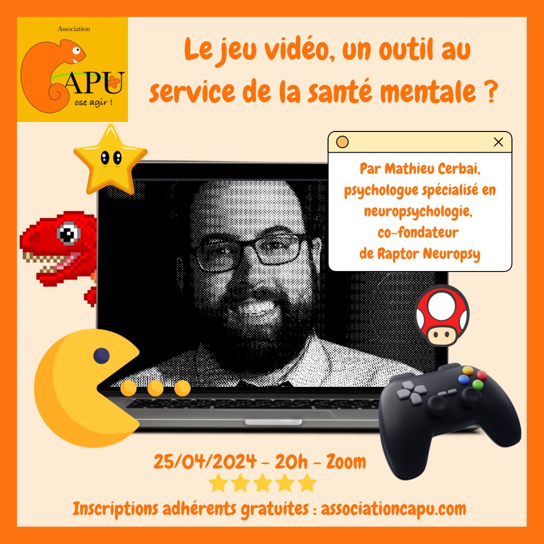 AssociationCapu's tweet photo. 🎮Nous sommes ravis de vous convier à notre prochain webinaire sur le jeu vidéo et la santé mentale ! 

👾Bloquez votre 25 avril au soir et inscrivez-vous vite sur https://t.co/vxg5SHTn2L ou via le lien en bio ! https://t.co/iiaon2OOF3