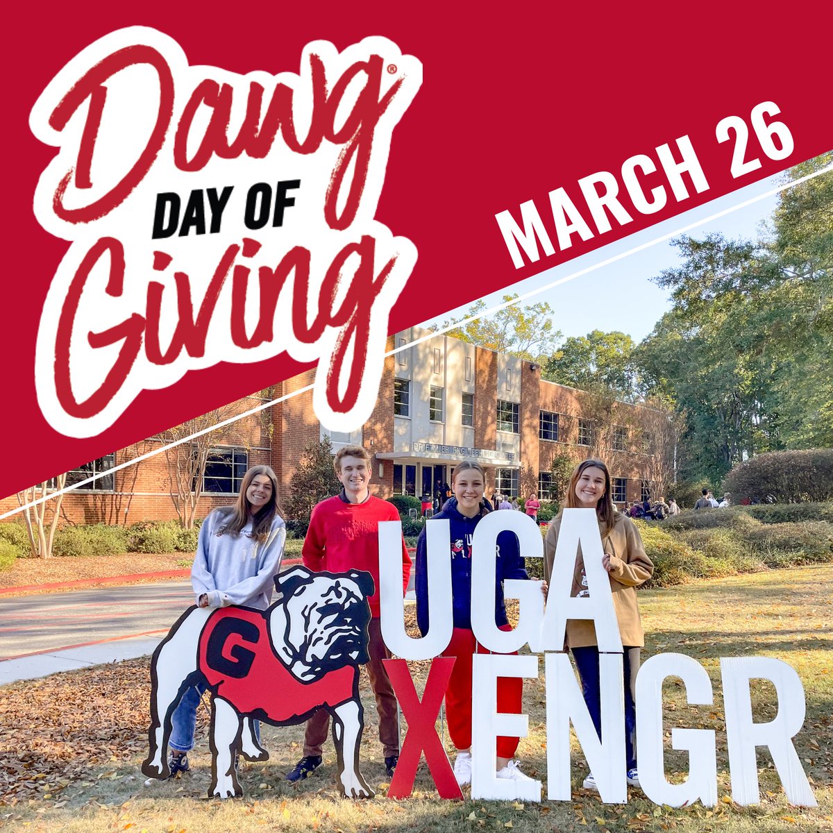 This Tuesday, March 26, we're Calling the Dawgs! For 24 hours, we’re challenging you to make a gift of any amount to the College of Engineering. Will you answer the call, Bulldog Engineers? t.uga.edu/9NI | #DawgDayofGiving