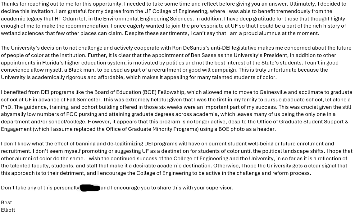 Declined an alumnus spotlight/recruitment campaign invite from @UFWertheim due the anti-DEI stance @UF has taken under the leadership of @BenSasse; who is happy to comply with the @FloridaGOP and @RonDeSantis. I hope other @ufalumni of color speak out. See my response below.