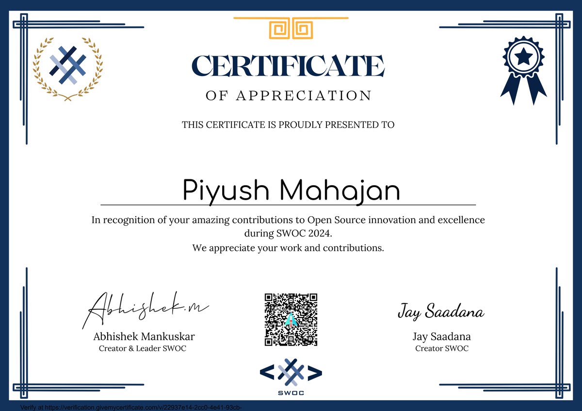 PiyushMahajan04's tweet image. 🎉 Thrilled to announce I've earned my Winter of Blockchain'24 certificate! 🚀 Grateful to @WinterOfBlockchain for empowering open-source contributions. Let's keep the spirit alive with @SocialWinterCode! 💡 #OpenSourceSuccess #WoBGrad #SocialWinterOfCode 🌐🎓