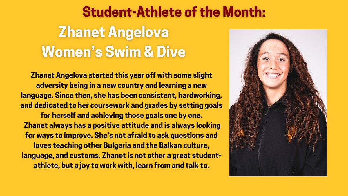 Shoutout to Zhanet Angelova from @ASUSwimDive, our Most Improved Female Student-Athlete of the Month! Awesome job on your progress this month; your hard work is paying off. Keep it up! @TheSunDevils #O2V