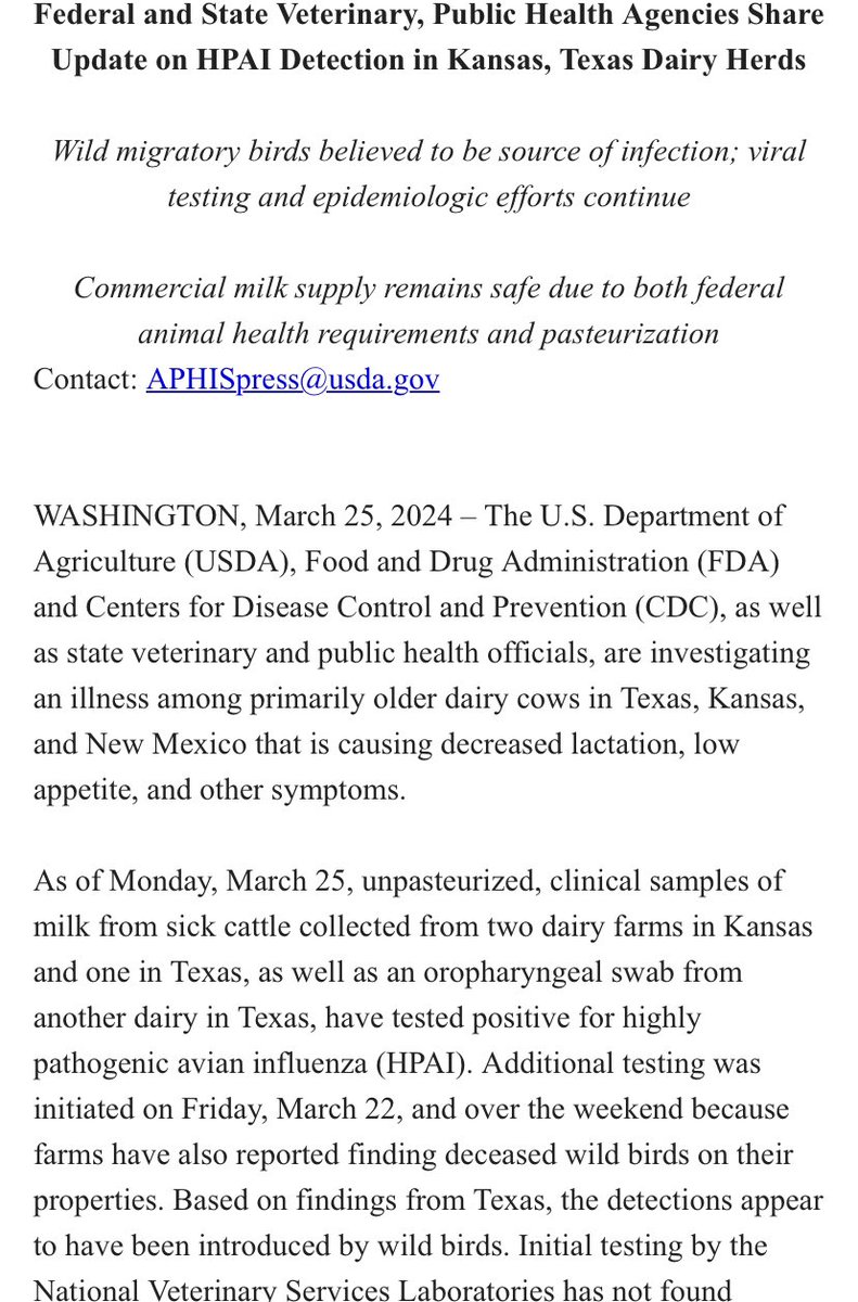 🚨 Notice. Highly pathogenic avian influenza in dairy cattle. More info here: aphis.usda.gov/aphis/ourfocus…