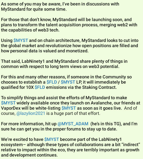 @LabNinety1 is awfully bullish on what @MyStandardDotIO is building. With the help of @_VaporFi and @VaporDex , y'all getting access to $MYST on DEX once they launch. The Flywheel continues to gain mass...but it's probably nothing...