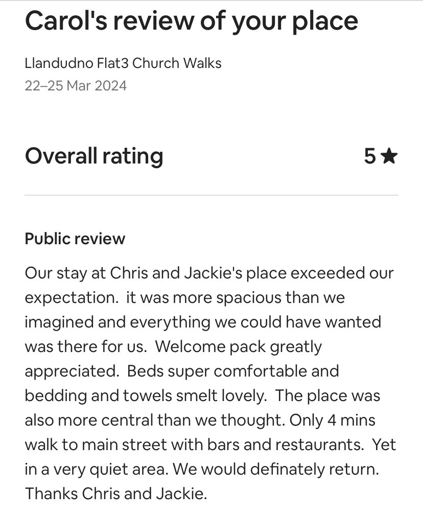 🏴󠁧󠁢󠁷󠁬󠁳󠁿🌼Thanks Carol, for a great review. #holidaylet #llandudno #northwales #spring