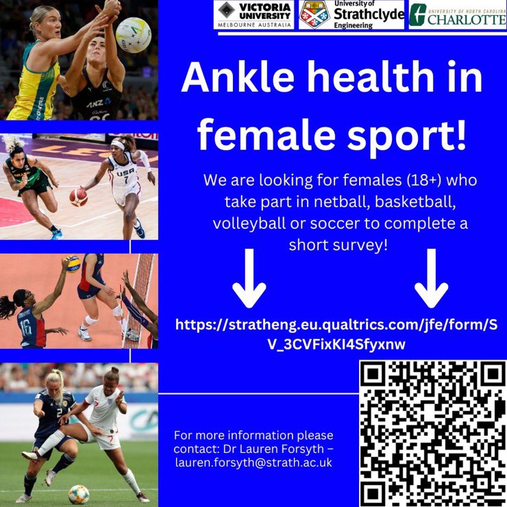 Now enrolling current/former adult-aged female soccer, basketball, volleyball, and netball athletes in a study on the prevalence and impact of ankle sprains. Please feel free to share. Click the link below to sign-up. stratheng.eu.qualtrics.com/jfe/form/SV_3C…