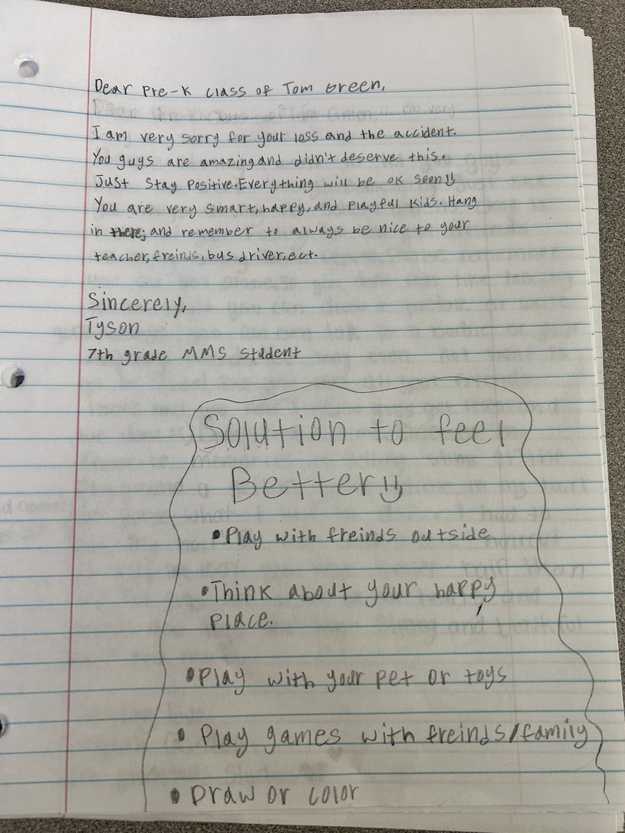 Students wrote letters today for their former elementary school- Tom Green! They wrote to the Pre-K class offering thoughts, prayers, love, and support! I am very proud of them. (The letter was optional of course.) 💚💚💚#HornetStrong