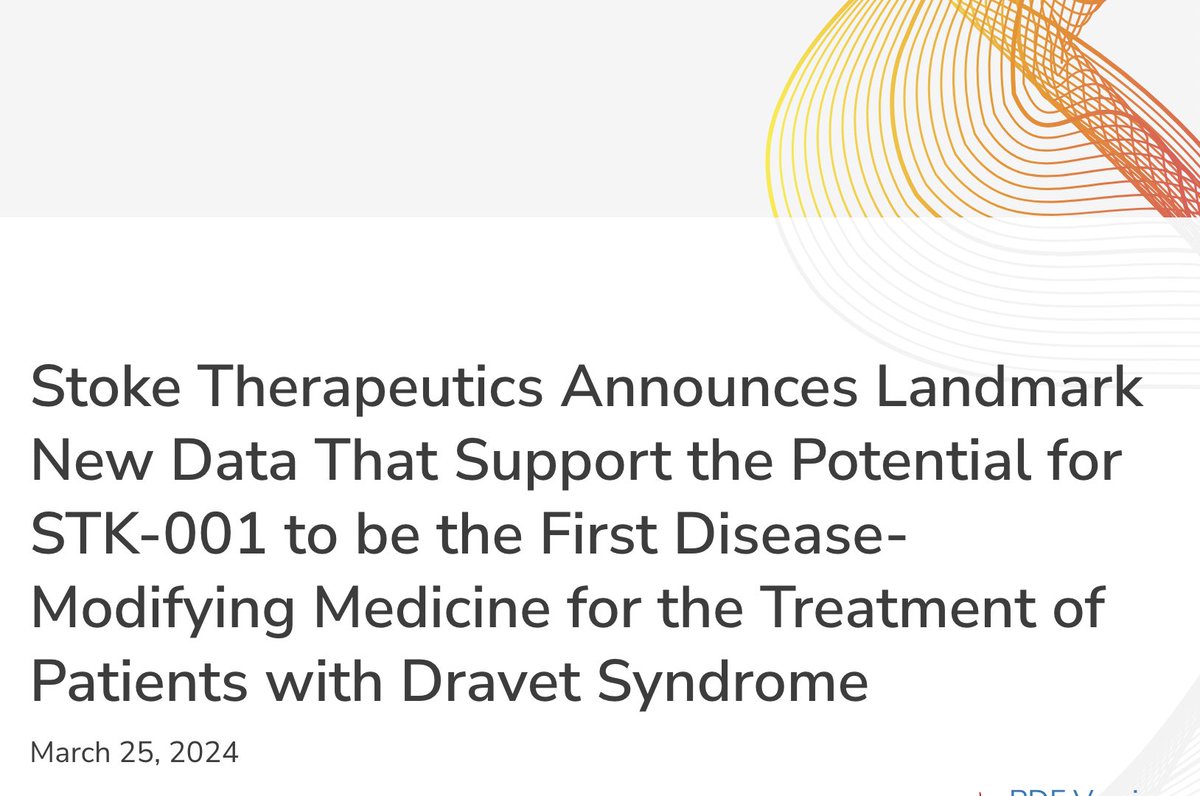 💜@StokeTx announces fantastic results from full Phase 1/2 trial in #Dravet syndrome: - 80% seizure reduction (and on top of fenfluramine!) - Documented improvements in cognition and behavior - No new safety findings - FDA clearance of target Ph3 doses investor.stoketherapeutics.com/news-releases/…