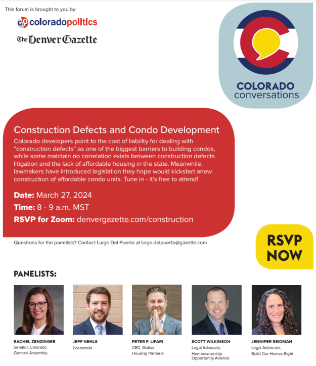 Colorado Concern (@coloconcern) on Twitter photo Learn more about construction defects and condo development this Wednesday, March 27th.
Register today: bit.ly/3TqXaon
<a href="/colo_politics/">Colorado Politics</a> <a href="/DenverGazette/">The Denver Gazette</a>
#copolitics #coleg #SB106
Panelists: Senator <a href="/Zenzinger_AtoZ/">Rachel Zenzinger</a>, Jeff Nehls, <a href="/PLifari/">Peter F. LiFari</a>, Scott Wilkinson, and Jenn Seidman Learn more about construction defects and condo development this Wednesday, March 27th.
Register today: bit.ly/3TqXaon
<a href="/colo_politics/">Colorado Politics</a> <a href="/DenverGazette/">The Denver Gazette</a>
#copolitics #coleg #SB106
Panelists: Senator <a href="/Zenzinger_AtoZ/">Rachel Zenzinger</a>, Jeff Nehls, <a href="/PLifari/">Peter F. LiFari</a>, Scott Wilkinson, and Jenn Seidman