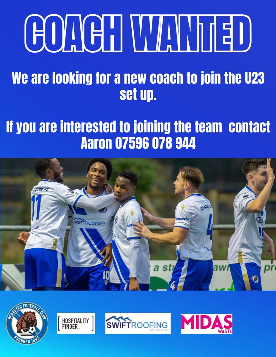 Bearsted_FC's tweet photo. Under 23's coach wanted. If you are interested please contact Aaron 07596 078 944. #bearstedfc #bears #football #scefl #coachwanted https://t.co/vOPiqO8V0a
