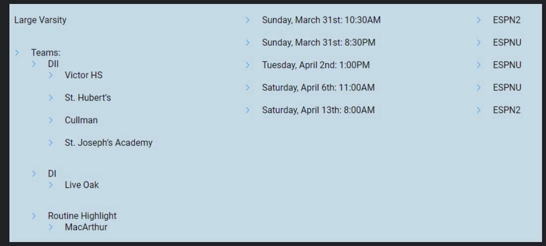 VCSCheer_VVC's tweet image. 📺 It’s time to TUNE IN!!! 
📣 VVC &amp;amp; their competitors from UCA Nationals will be on ESPNU &amp;amp; ESPN2! 
📲 Check out channels &amp;amp; air dates/times. The first one is this coming Sunday, March 31st!! 
💙 An absolute honor to have our name next to these teams.
