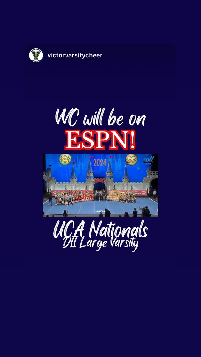 VCSCheer_VVC's tweet image. 📺 It’s time to TUNE IN!!! 
📣 VVC &amp;amp; their competitors from UCA Nationals will be on ESPNU &amp;amp; ESPN2! 
📲 Check out channels &amp;amp; air dates/times. The first one is this coming Sunday, March 31st!! 
💙 An absolute honor to have our name next to these teams.