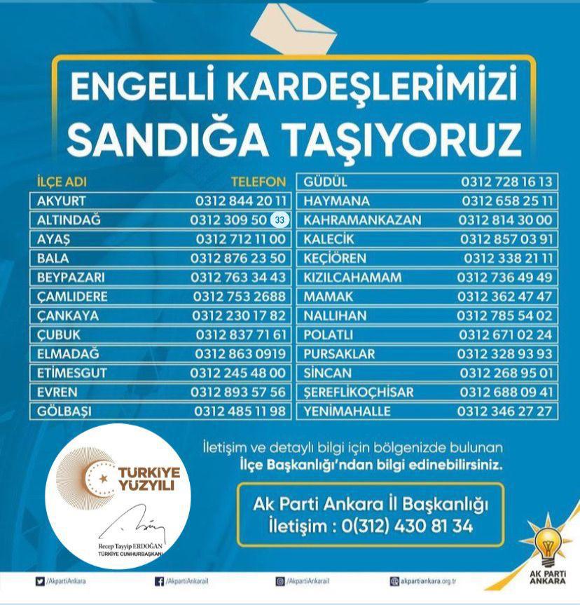 Seçim günü tek başına hareket edemeyen ve oyunu kullanacak olan engelli vatandaşlarımızı sandığa taşıyoruz. Detaylı bilgi ve talep için iletişim numaralarımızdan bizlere ulaşabilirsiniz ⤵️ Evinizden sandığa, sandıktan #TürkiyeYüzyılı'na engel yok!