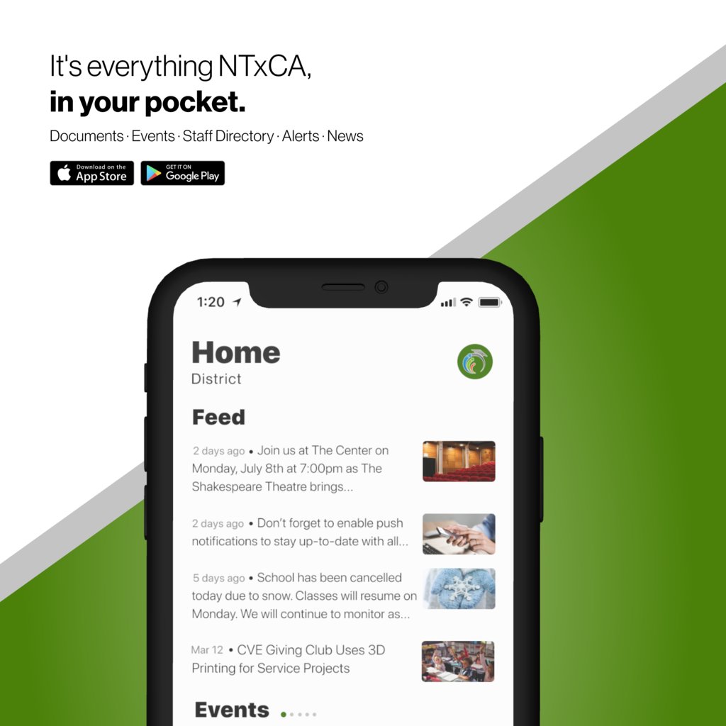 Don’t miss out on the latest happenings at NTxCA! Download the  school app today!

Download for Android bit.ly/3QaqVXw
Download for iPhone apple.co/3zMCkY8
