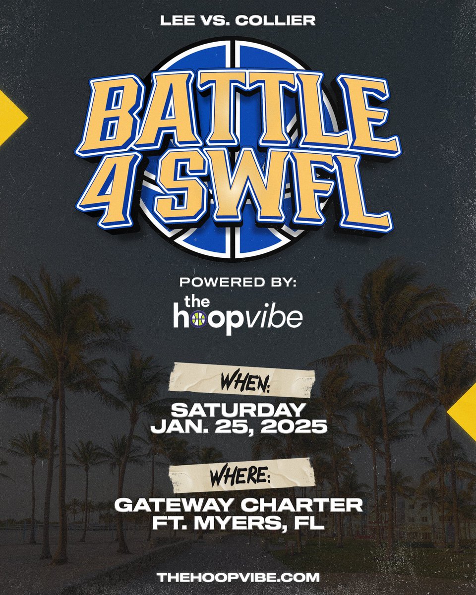 We are excited to announce the newest event for our company, Battle 4 SWFL The 1-day event on Saturday, Jan. 25 will feature 7 games between Lee County and Collier County teams at Gateway Charter. INFO: thehoopvibe.com/event/battle-4…