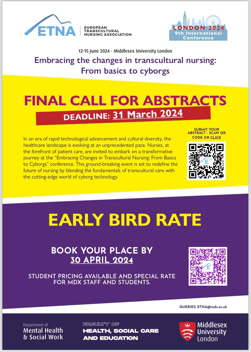 📣 FINAL CALL FOR ABSTRACTS - submit by 31 March - find out more here: europeantransculturalnurses.eu/conference #ETNA2024