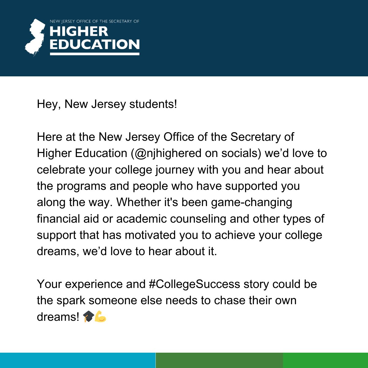 Know a #NewJersey student whose college journey is supported by state financial aid or another statewide student support program or resource? We want to hear from them to help share their #CollegeSuccess stories. Student submissions accepted via oshe.co1.qualtrics.com/jfe/form/SV_di…