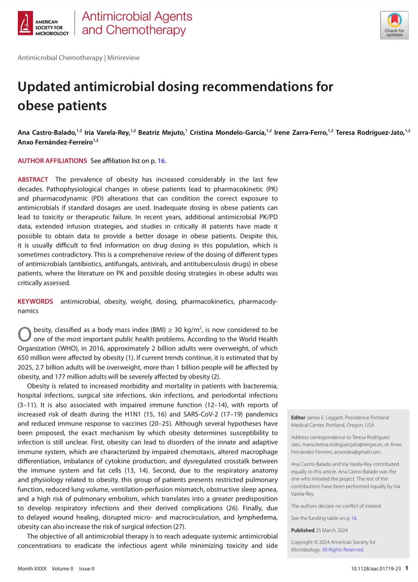 🔴Hemos publicado una de las revisiones más completas sobre dosificación de antiinfecciosos en población obesa en @ASMicrobiology Esperamos que sea de utiilidad! 😊 Gran trabajo @anacasbal @TeresaRJato @cris_mondelo @irene_zarra @beatrizmpdm @FarmaCHUSLab @FarmaCHUS 😍