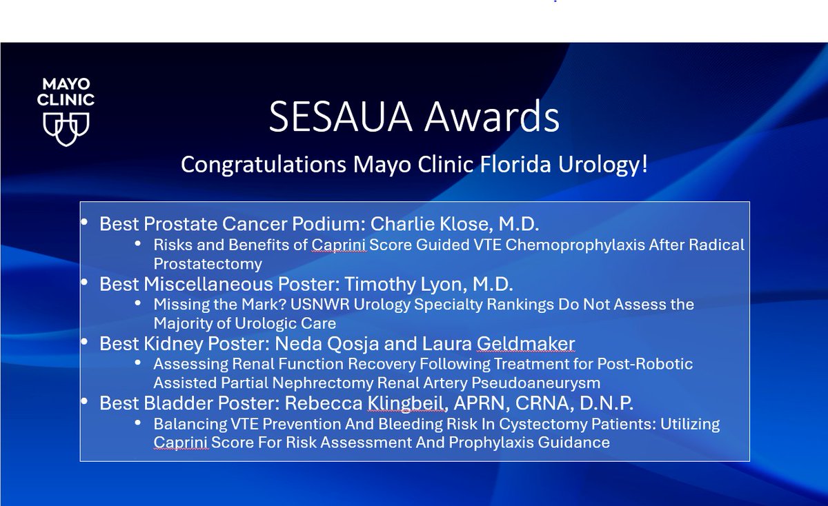 Congratulations to Mayo Clinic Florida best podium and poster winners at AUA Southeast Section 2024! #SESAUA24 @MayoUrology @cklosemed @TimLyonMD @Laura_Geldmaker