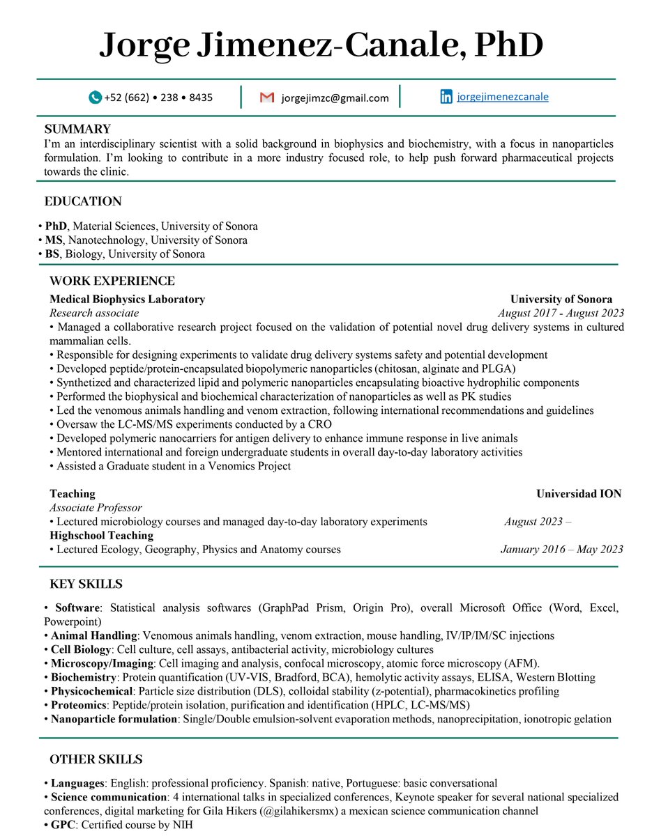 Hey everyone! I'm an interdisciplinary scientist looking for a job opportunity in R&D. I'm highly experienced in nanoparticle formulations, encapsulation of bioactive agents and biochem/biophysics techniques. Would love any suggestions and thoughts on my CV!