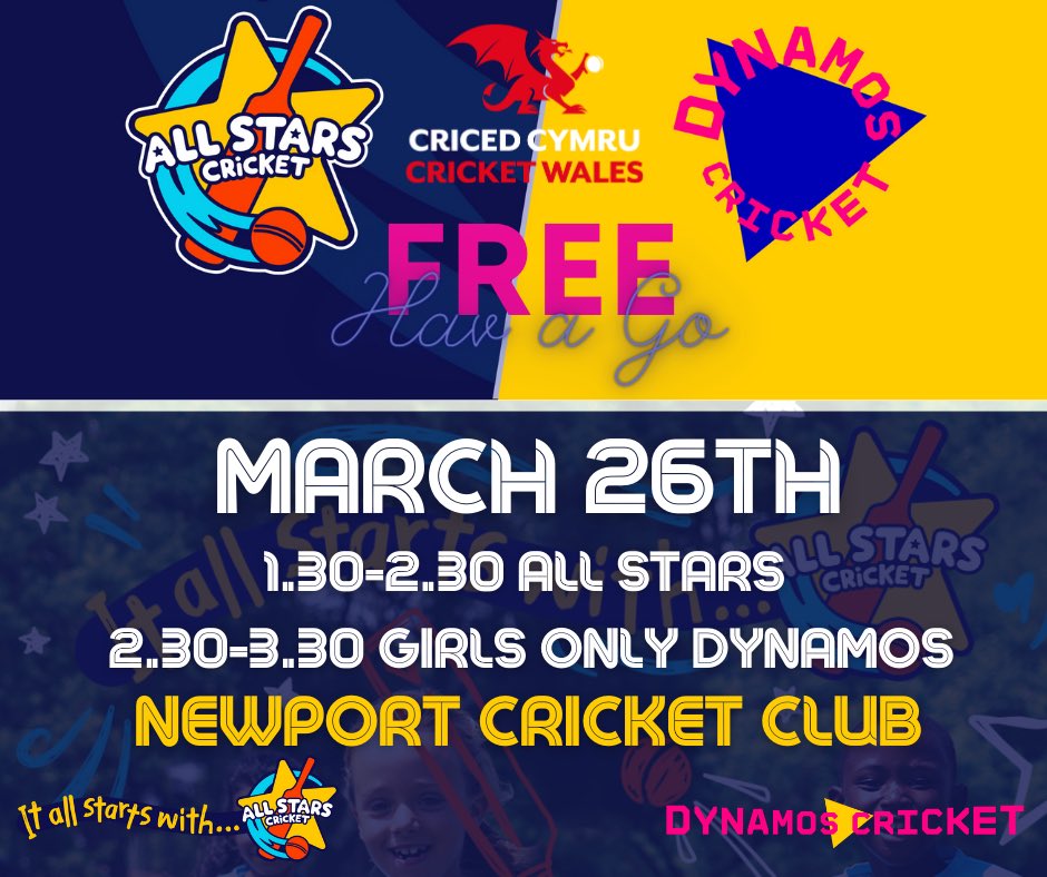 UPDATE : The All Stars and Girls Dynamos Free Cricket sessions on Tuesday 26th March have been moved to the Velodrome (2.00 - 3.00pm), due to the poor weather. Sorry for any inconvenience.