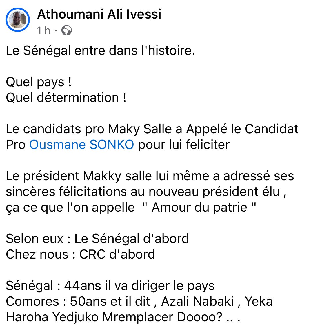 @PR_AZALI @MSAIDIEHoumed @HamadaBolero 

Est ce que vous avez toujours 
L’ « Amour de la patrie » ? Alors faites comme votre ami/ frère @Macky_Sall 🤲🏻
Merci !