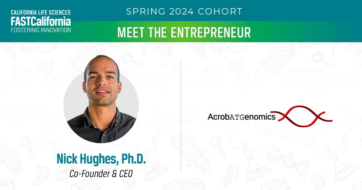 Meet the FAST entrepreneurs 🚀 @nckhues Ph.D. is the Co-Founder & CEO of @acrobatgx a #startup whose platform is pioneering the next generation of safe and effective genetic medicines. Learn about the support they're getting through FAST California: bit.ly/3Tw66Jh