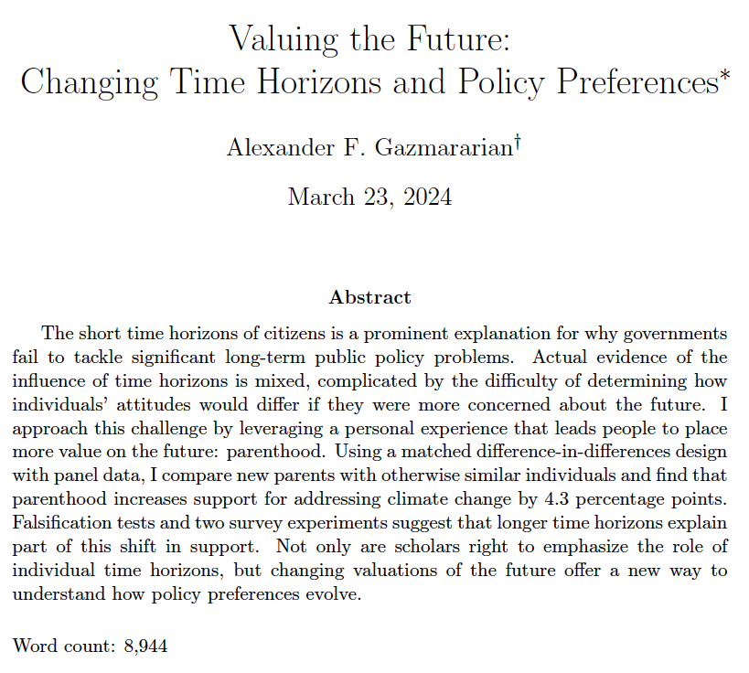 New working paper! Many blame citizens’ short time horizons for the failure of governments to tackle long-term problems But evidence is mixed, hindered by limited research designs I take a new approach to understand how myopia affects policy attitudes bit.ly/timehorizonpap…