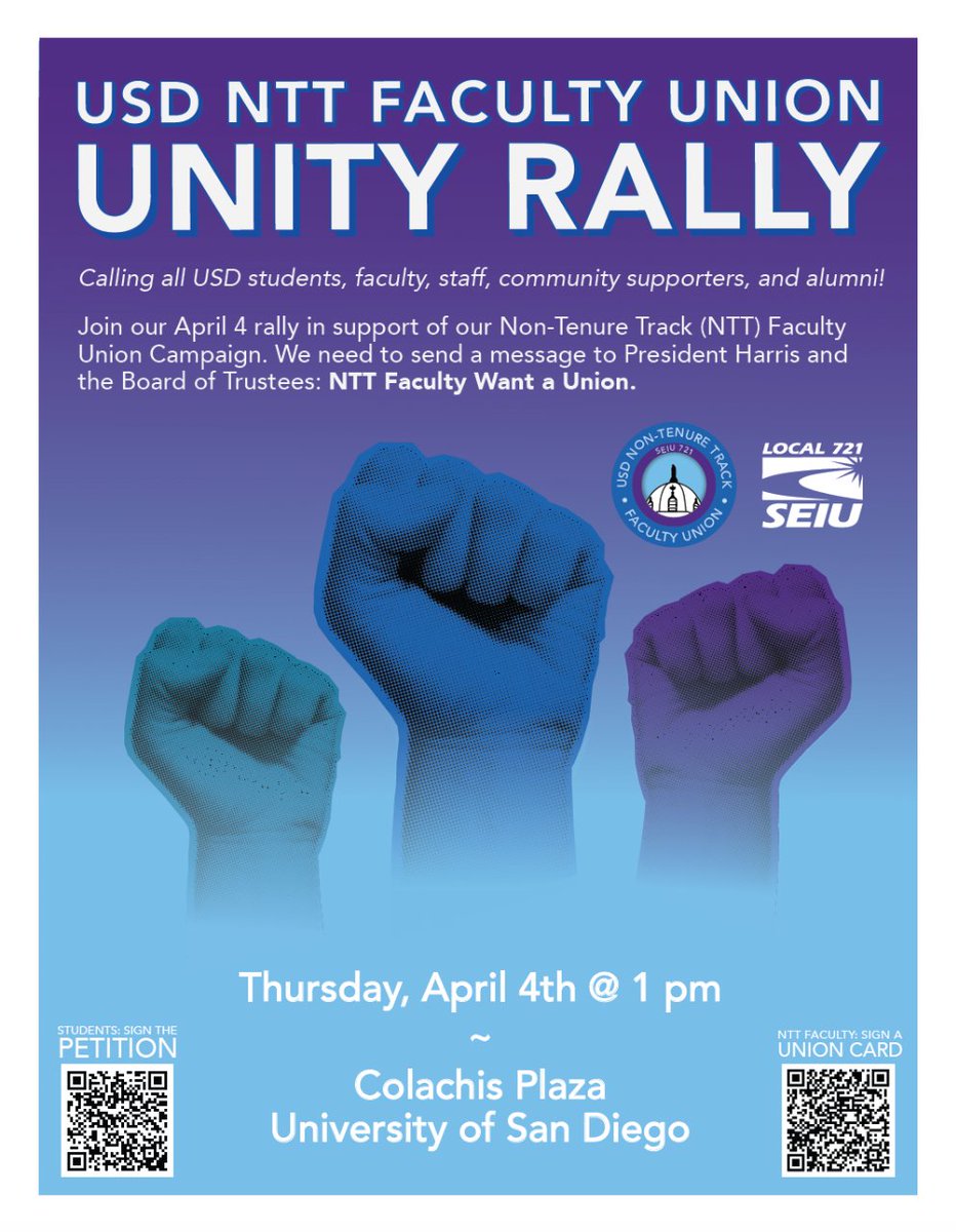 Join us on April 4th to support the Non-Tenure Track (NTT) Faculty Union Campaign. Together, we will rally to send a message to President Harris and the Board of Trustees: NTT Faculty Want a Union. ✊