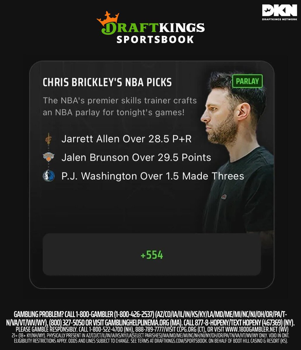 NBA PARLAY: @Cbrickley603 gives his top bet on @DKSportsbook for today’s NBA betting card👇 🏀Jarrett Allen Over 28.5 Points + Rebounds 🏀Jalen Brunson Over 29.5 Points 🏀P.J. Washington Over 1.5 Made Threes Odds: +554