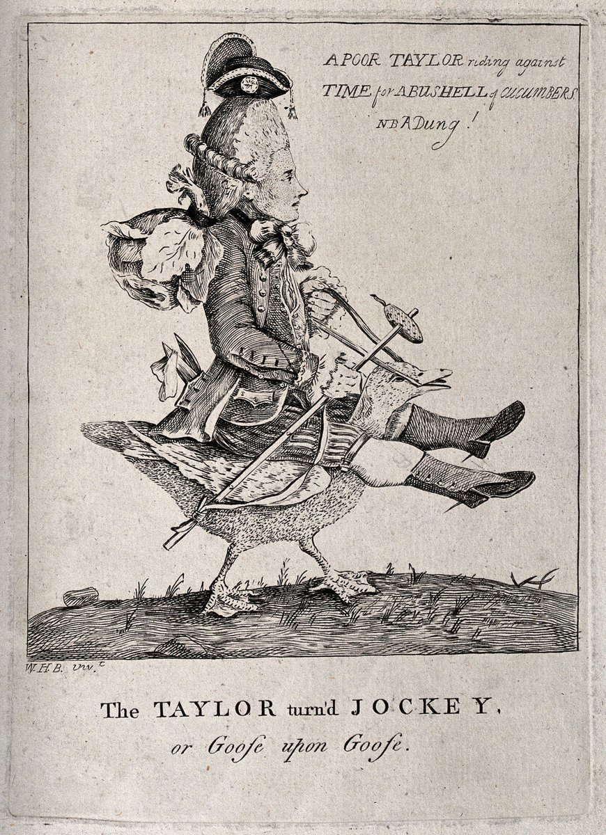 PcsOrnc's tweet photo. A tailor riding on the back of a goose; representing an exploited worker. 1780. Etching after W.H.Bunbury. https://t.co/V07amLfIgA