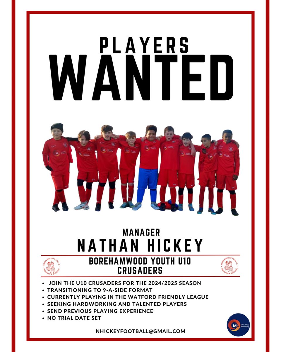 Join U10 Crusaders for 2024/2025! ⚽ Transitioning to 9-a-side in Watford Friendly League. Hardworking players wanted! Contact Nathan. 📝 #PlayersWanted