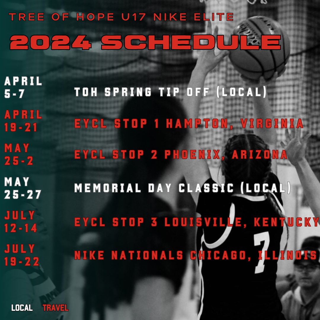 Tree of Hope U17 Nike Elite EYCL 2024 Summer Schedule:
 
Can’t wait to get this season going!