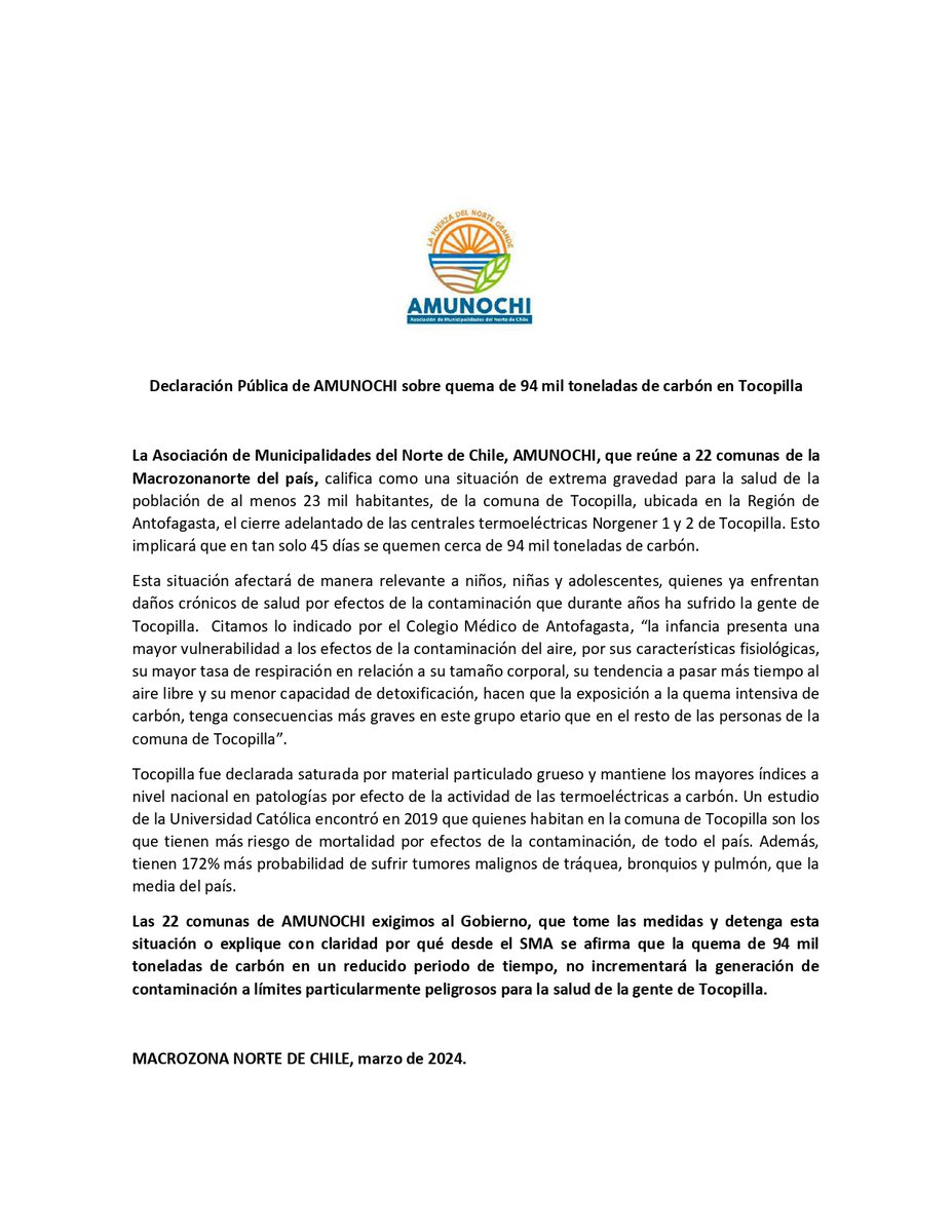 📷 AMUNOCHI, que agrupa 22 comunas de la Macrozonorte de Chile,  se refiere al cierre adelantado de las centrales termoeléctricas Norgener 1 y 2 en #Tocopilla y su efecto en la salud de sus habitantes. #Antofagasta #Caldera #Iquique #Arica #Calama #Vallenar #Mejilllones