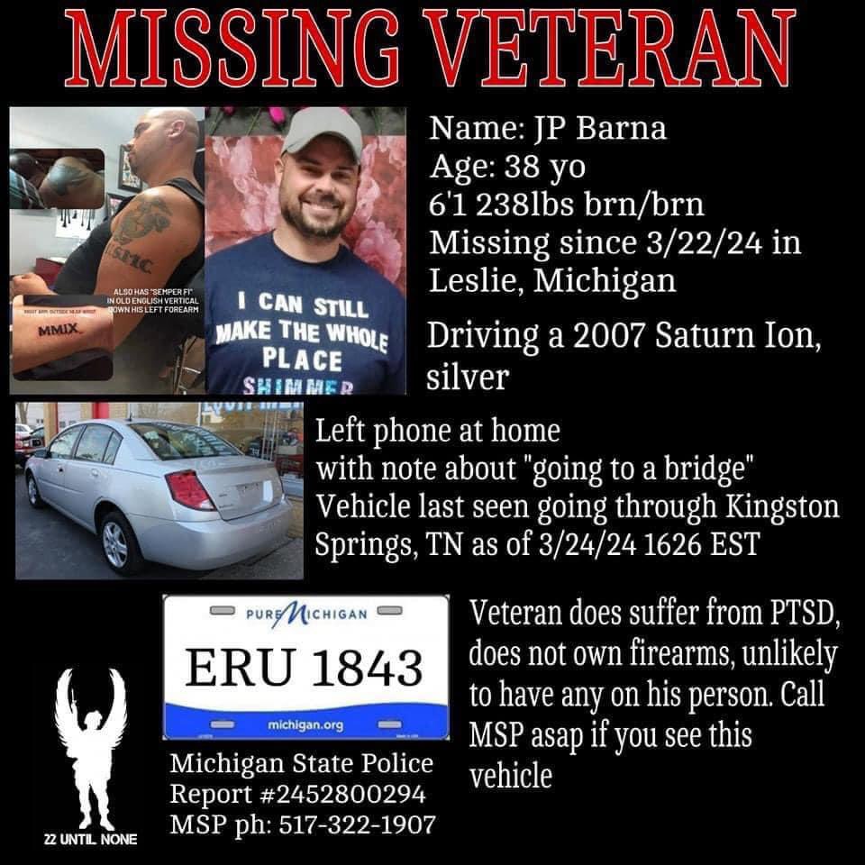 Missing veteran from Michigan last seen in Tennessee