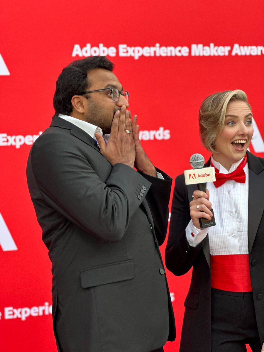 It's a treat to have @KatieMartell back at the #AdobeExperienceMakersAwards. On top of interviewing guests on the red carpet, she's asking them to practice their 'I just won an award!' face — and we think it's looking good!