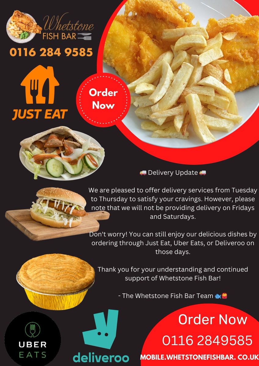 📢 Important Notice 📢

Dear Customers,

Please note that our delivery service will no longer be available on Fridays and Saturdays due to high demand. For delivery on these days, please order through Just Eat, Uber Eats, or Deliveroo.

Thank you for your understanding