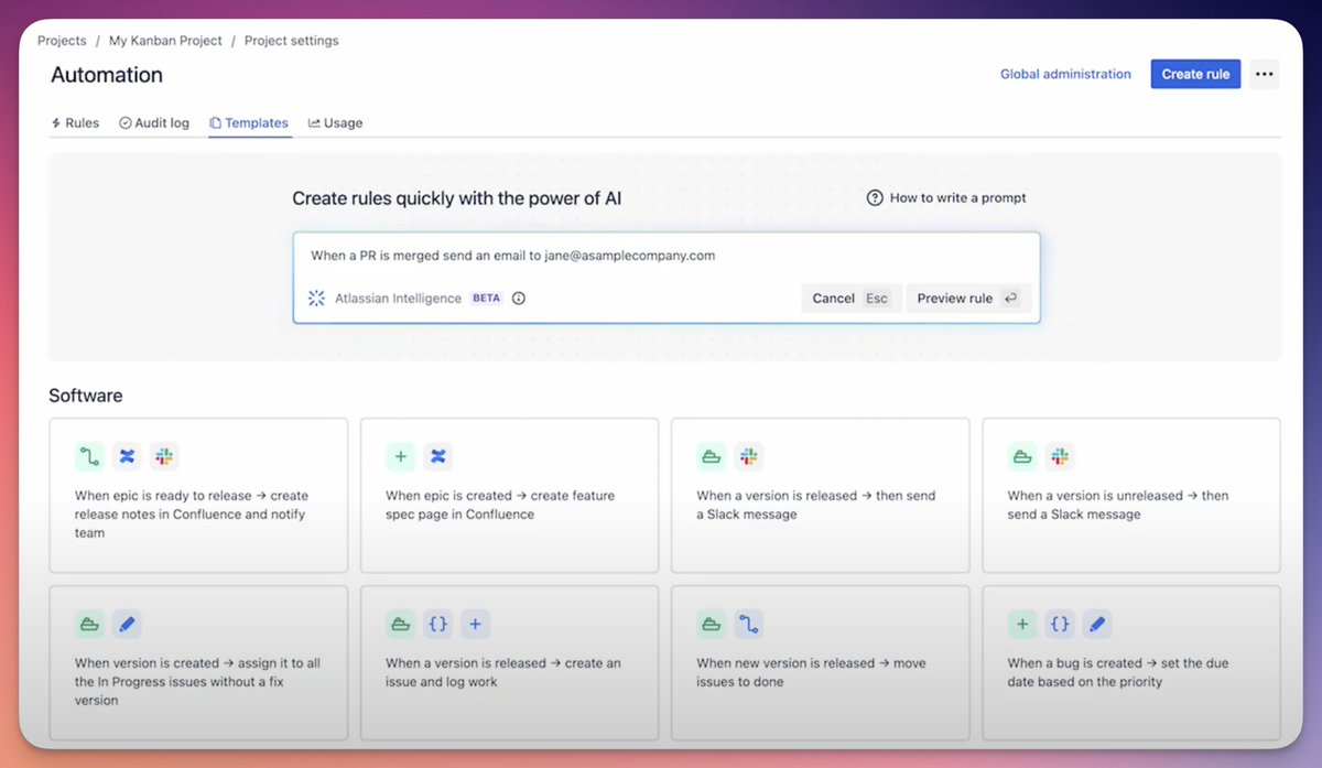 Sherif Mansour (@sherifmansour) on Twitter photo ⚙️Creating automation rules in Jira just got a whole lot easier!
The AI-powered <a href="/Atlassian/">Atlassian</a> <a href="/Jira/">Atlassian Jira</a> automation rule creation is now in beta! community.atlassian.com/t5/Automation-…
What about <a href="/Confluence/">Atlassian Confluence</a>? This one is already available to you! ✨ ⚙️Creating automation rules in Jira just got a whole lot easier!
The AI-powered <a href="/Atlassian/">Atlassian</a> <a href="/Jira/">Atlassian Jira</a> automation rule creation is now in beta! community.atlassian.com/t5/Automation-…
What about <a href="/Confluence/">Atlassian Confluence</a>? This one is already available to you! ✨