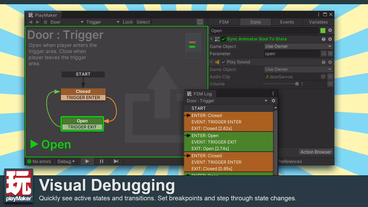 HutongGames's tweet image. Debug visually using Playmaker! #unity3d #visualscripting #gamedev #indiedev u3d.as/1Az