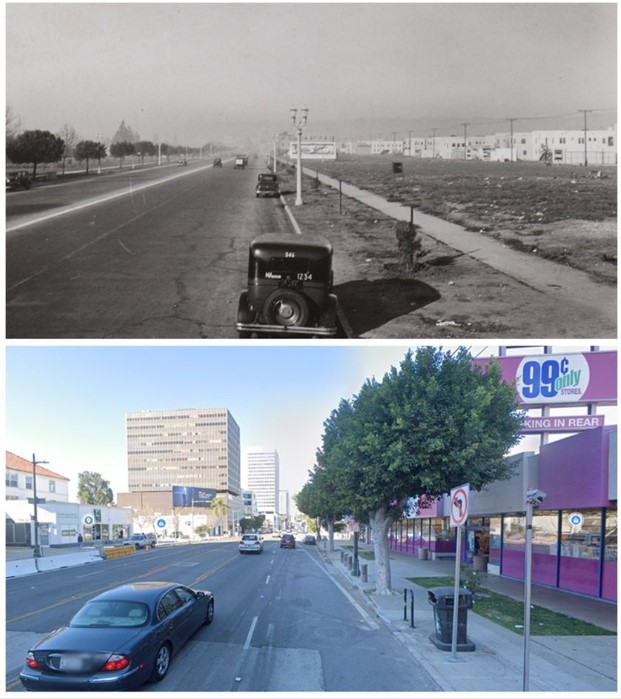 Wilshire Blvd (westbound from Fairfax Ave) - 1934 & 2021