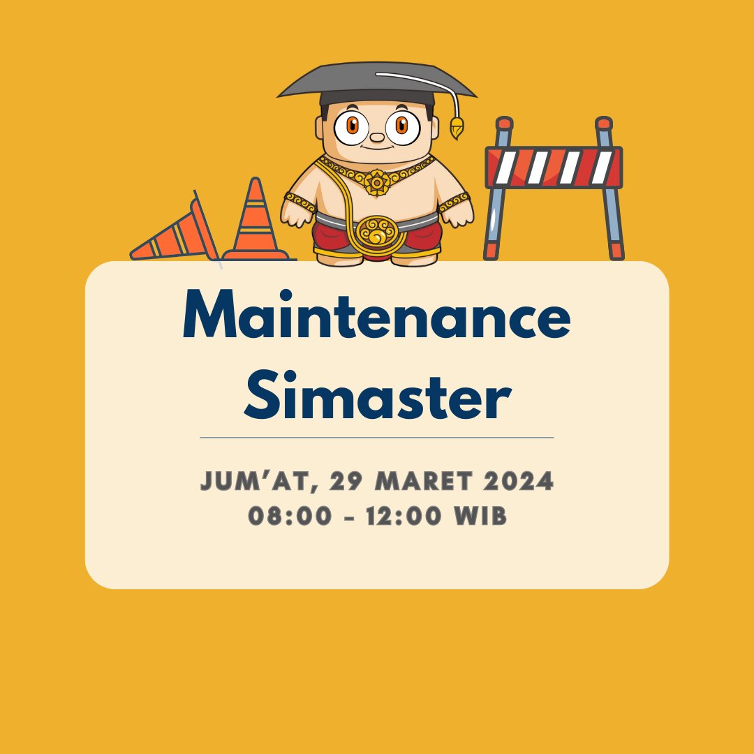 dti_ugm's tweet photo. Memberitahukan bahwa akan dilakukan perawatan Simaster, pada :

Jum’at, 29 Maret 2024
Pukul : 08:00 - 11:30 WIB

Selama kegiatan berlangsung, akses Simaster UGM akan mengalami gangguan.

#ugmyogyakarta #dtiugm https://t.co/cNLDDNcBHi