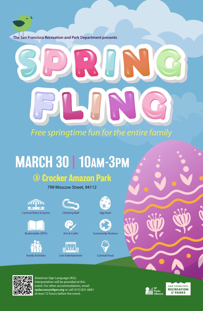 Our seasonal party is coming to Crocker Amazon Park on Saturday, 3/30 from 10AM-3PM. Join us for our Spring Fling, which will have live entertainment, games, activities, rock climbing & more. Community partners, including the @SFPublicLibrary & its Bookmobile, will also be there.