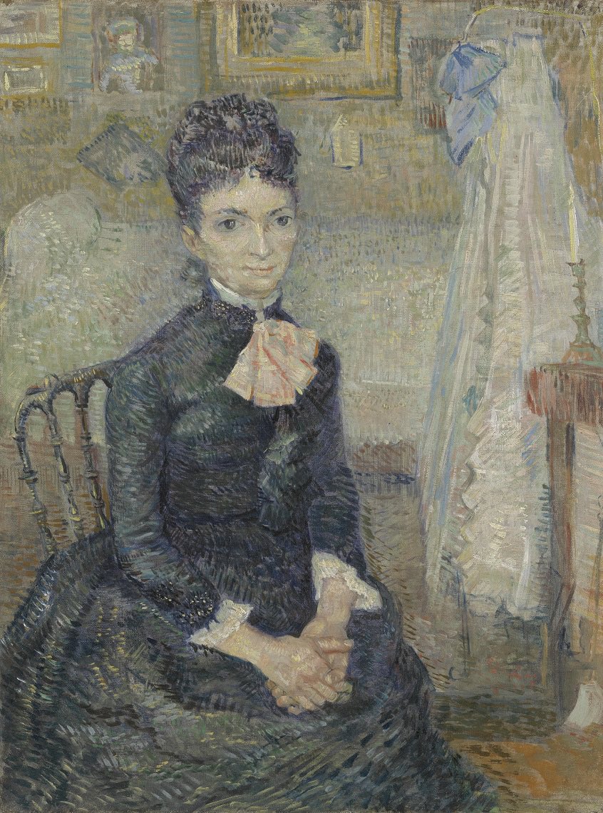 This is Léonie Rose Charbuy-Davy, the niece of a renowned art dealer. Van Gogh painted her without commission, hoping to establish his reputation as a painter of Parisian high society. #VanGogh of the Day: Woman Sitting by a Cradle, 1887. Oil/canvas, 61 x 46cm. @vangoghmuseum