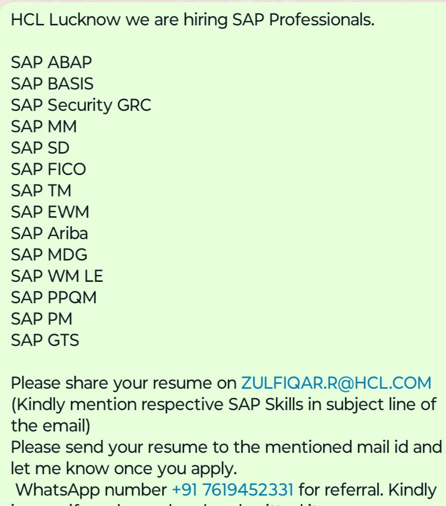SAP_AllSolution's tweet image. WhatsApp number +91 7619452331 for referral. Kindly ignore, if you have already submitted it.

.
.
#sap #hiring #job #sapmm #sappp #sapabap #sapbasisconsultant #sapsd #sapfico #saptm #sapewm #sapariba #sappm