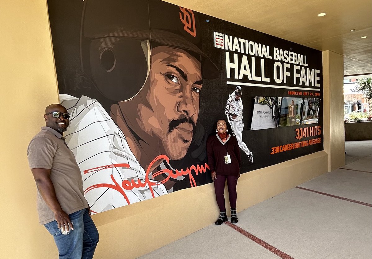 Tony Gwynn Jr. and mom Alicia Gwynn check out one of the murals located in the Tony Gwynn Tunnel at Gallagher Square, which underwent a $20 million renovation in time for the 20th anniversary of Petco Park.