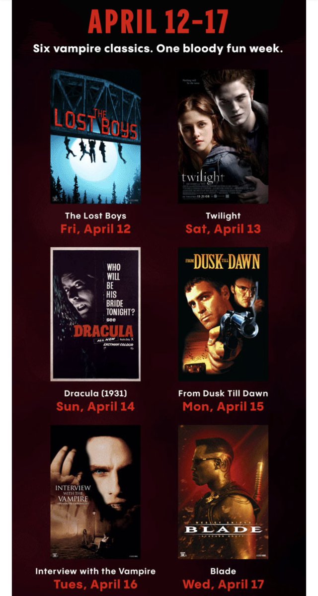 Oh shit! Cinemark is giving us Blade and Lost Boys next month! I might try to see how many of these I can catch.